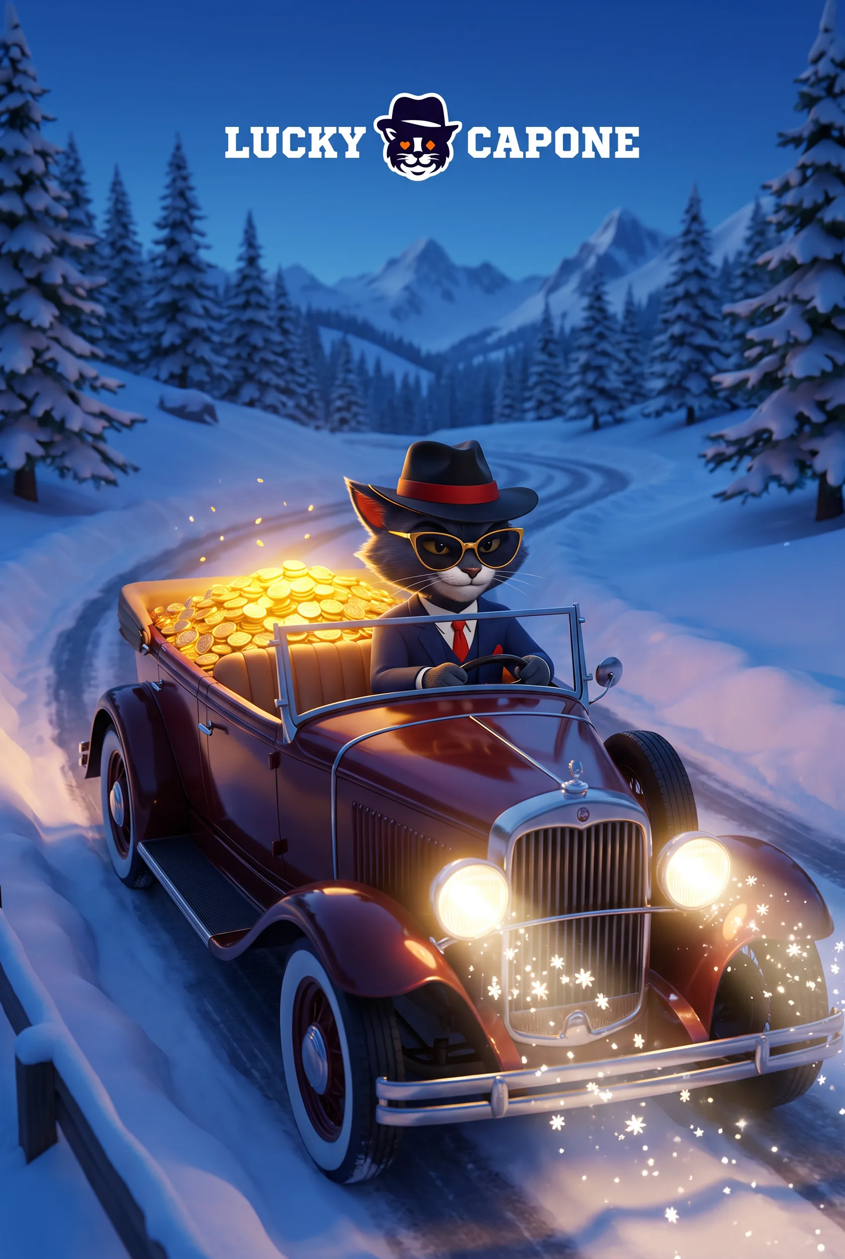 Lucky-Capone-Maskottchen fährt mit Goldmünzen im Cabrio durch eine verschneite Berglandschaft