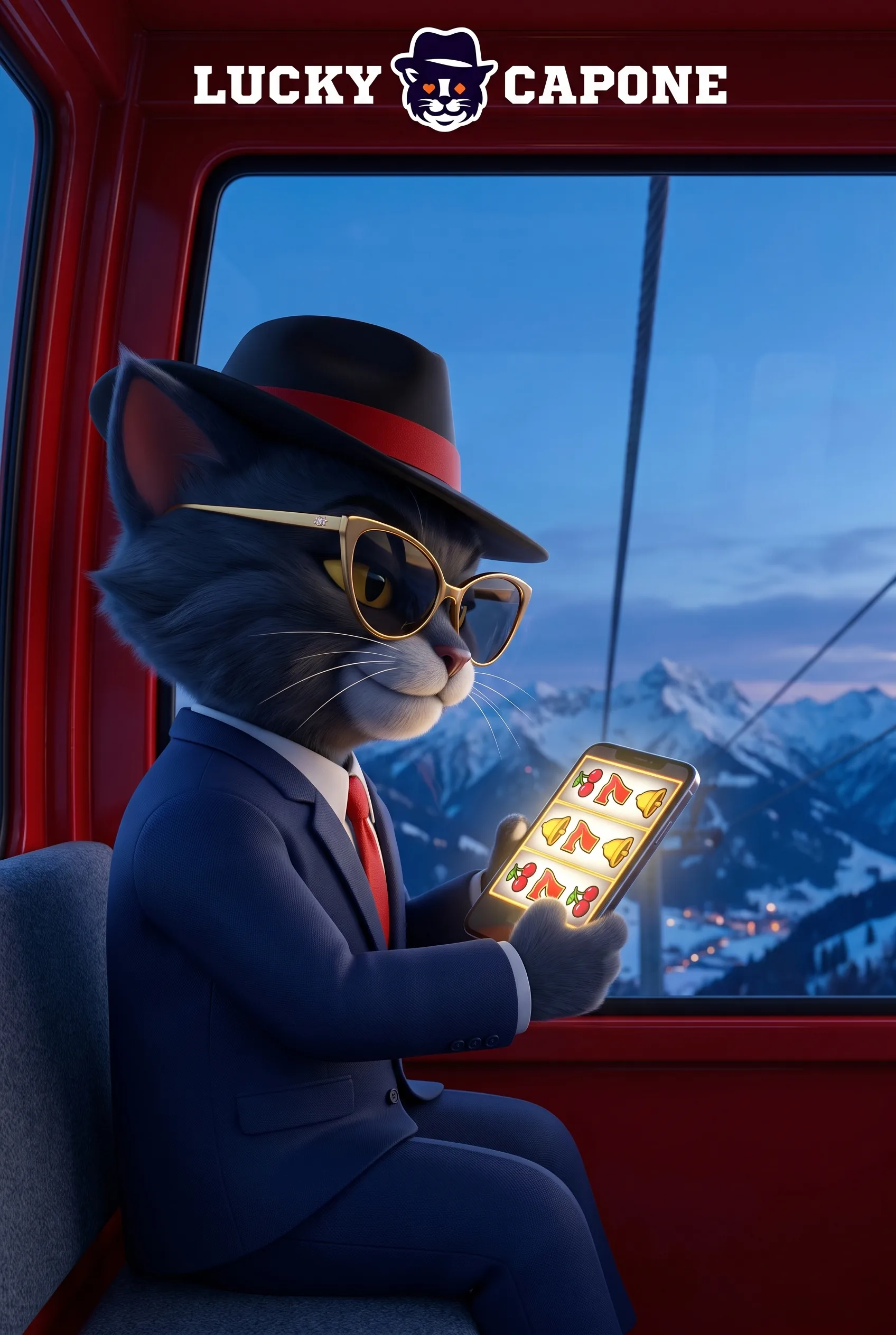 Lucky-Capone-Maskottchen spielt am Smartphone in einer Berggondel