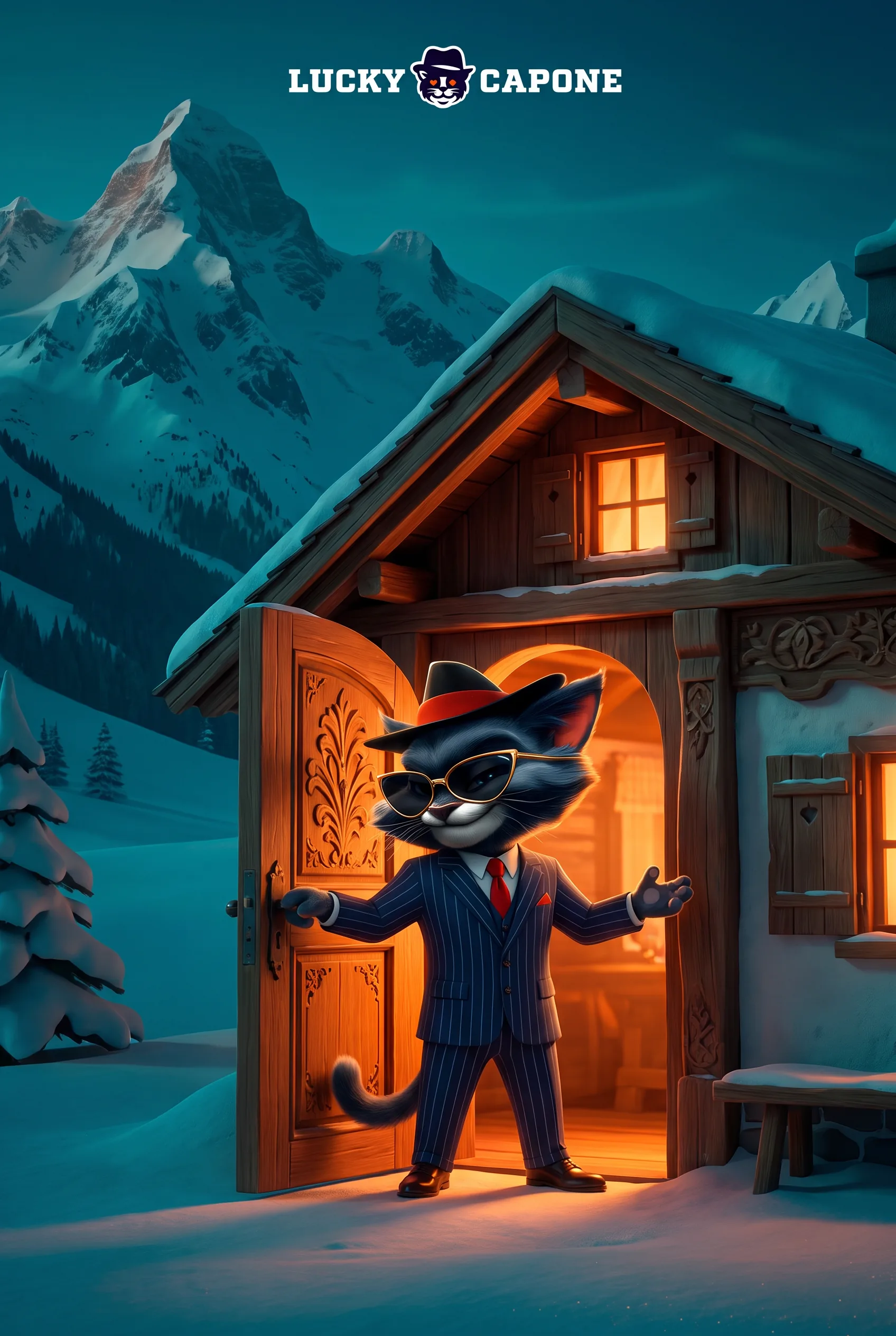 Lucky-Capone-Maskottchen öffnet die Tür zu einer beleuchteten Berghütte